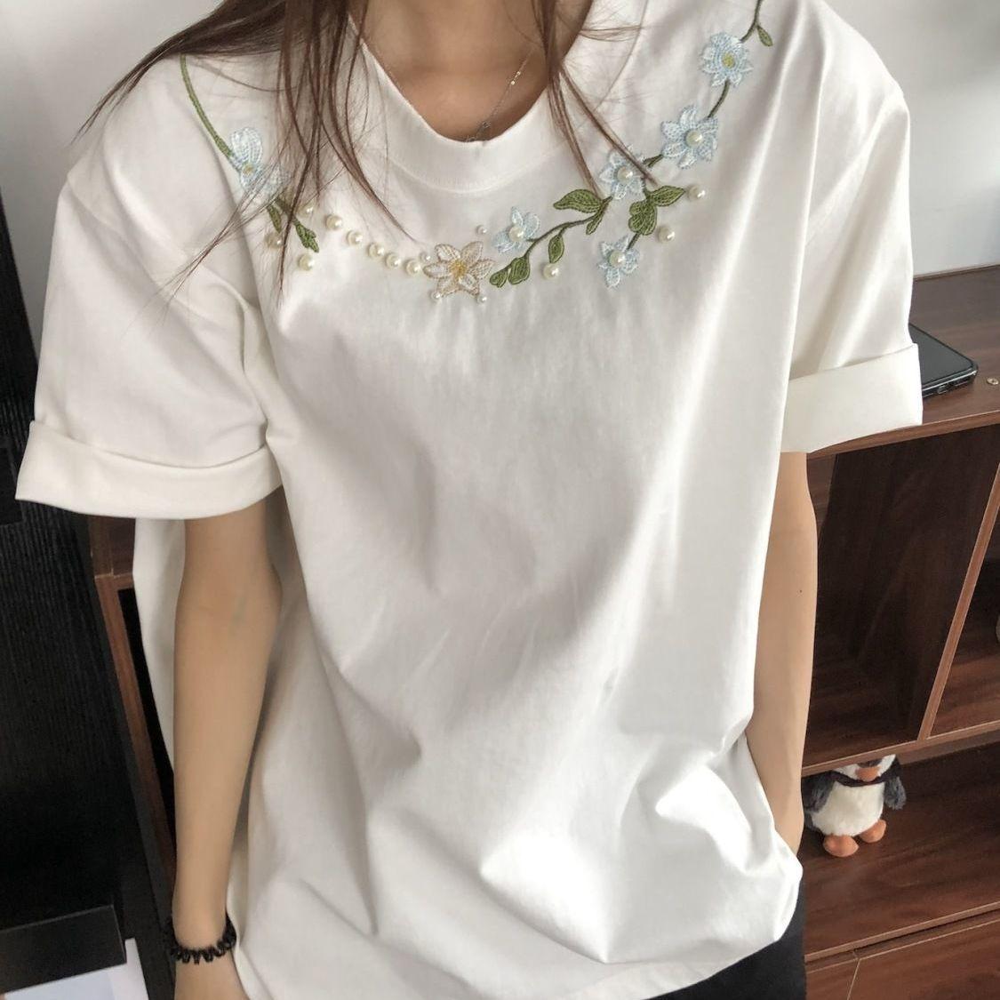 

Женская вышитая футболка с коротким рукавом, уникальная отделка жемчугом, топы, лето, простая женская модная одежда XXL белый
