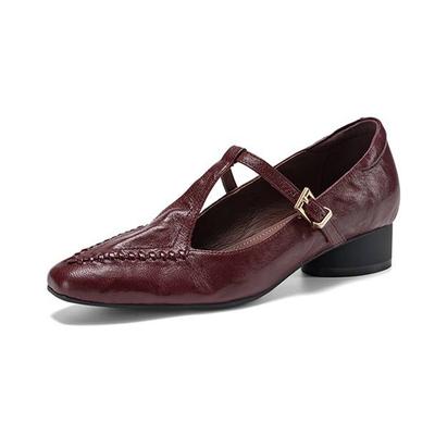 Krazing Pot Genuine Leather Square Toe Low Heels Summer Shoes Big Size 42 Buckle Straps Women Shallow Pumps
