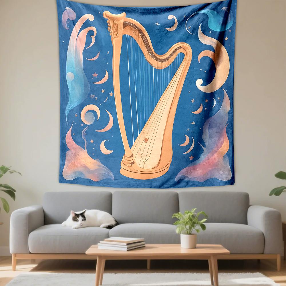 Vertical Tapestry Peach Harp Blue Moons Stars Celestial Tapestry Wall Hanging Bedroom Music Room Decor Gift