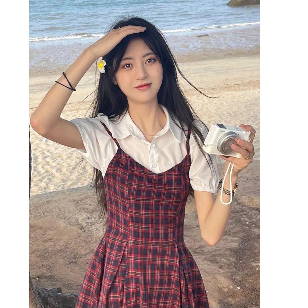 Fake Two-piece Bubble Sleeve Plaid Suspender Dress Women's Summer Niche Design High-end Temperament Waist Short Skirt