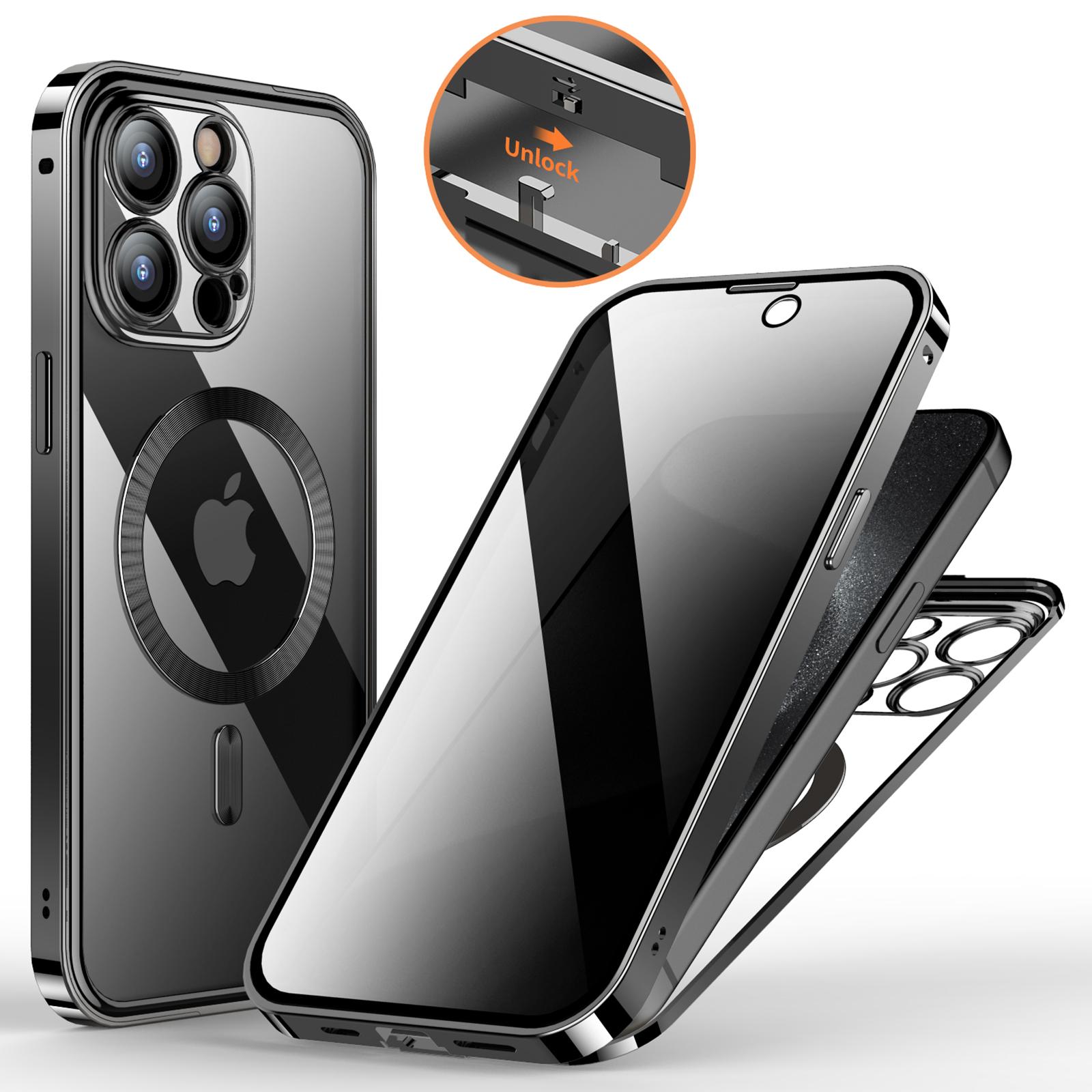 

For iPhone 15 Pro Magnetic Case Anti Peep Screen Tempered Glass+PC Phone Cover Double Sided Black