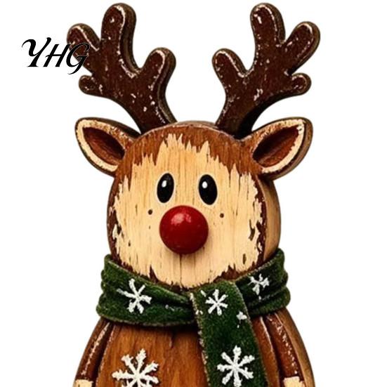 Vintage Santa Claus Elk Cat Figurines Christmas Wooden Tabletop Figurine, Hand Painted Reindeer Decor, Rustic Festive Crafts Wood Holiday Statues for