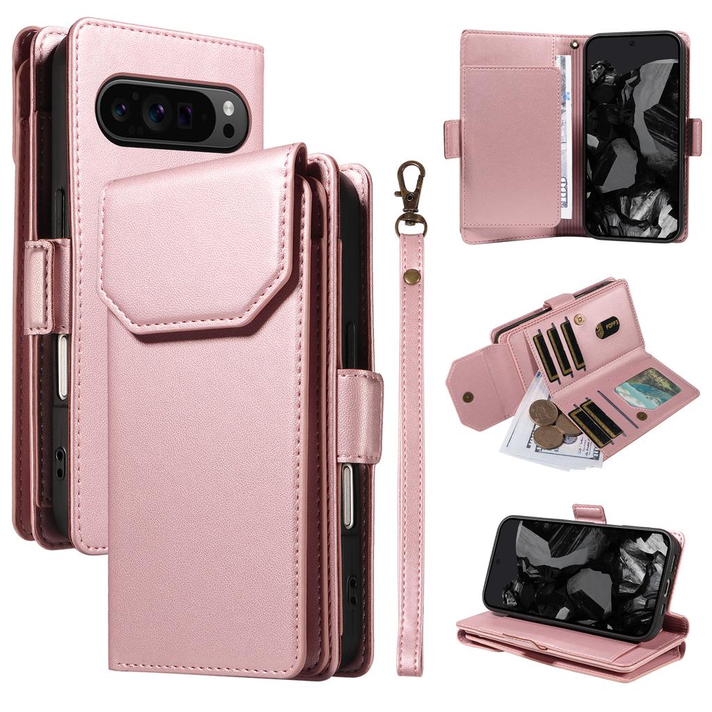 For Google Pixel 9 Pro/Pixel 9 Case with Multi-Card Holder and Strap PU Leather Phone Cover Stand