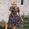 Spring Autumn Floral Print Loose Dress for Women Chic V Neck Short Sleeve Fashion Sizes S-XL