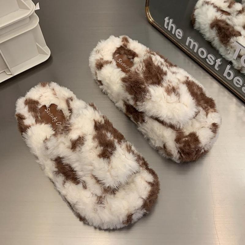 

Пушистые шлепанцы на одной лямке для женщин, толстая подошва, коровья расцветка, теплые и уютные пушистые шлепанцы для осенне-зимней носки на улице 40 кофейный