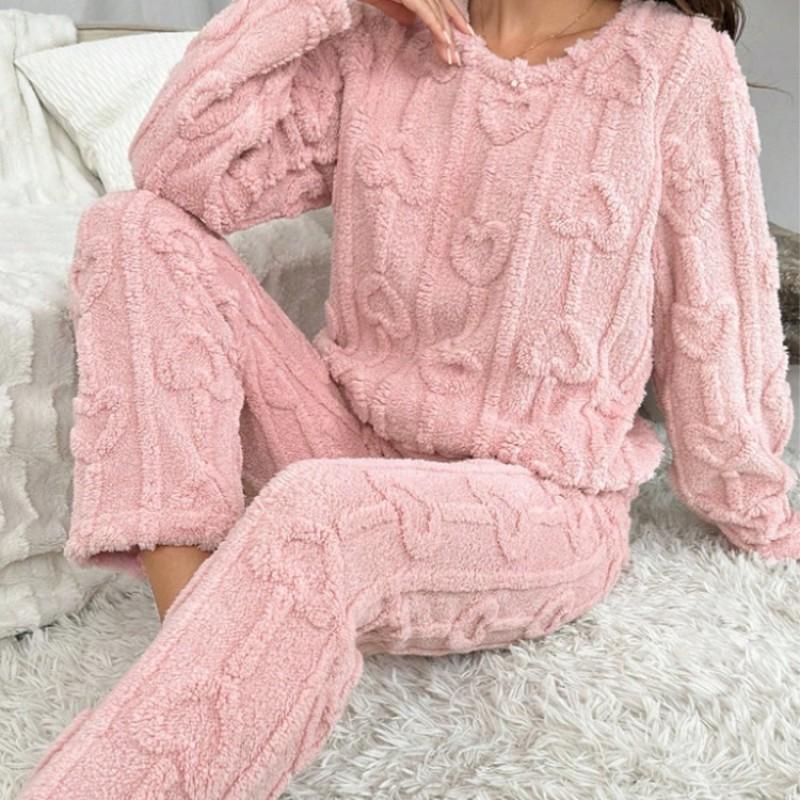 Womens Winter Coral Fleece Pajama Set With Heart Jacquard Warm Thick Lounge Wear
