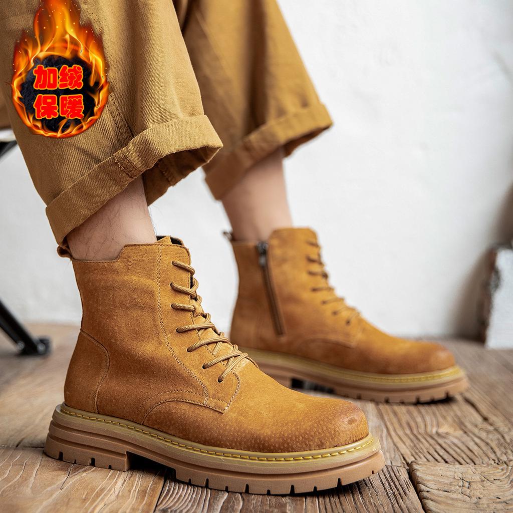 Martin boots, big yellow boots, men's 2025 new leather thick-soled winter velvet to increase height, kick not rotten tooling boots tide