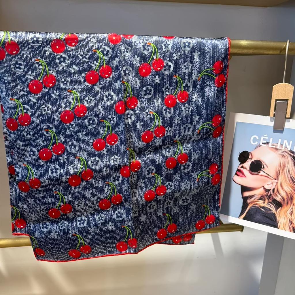 Navy Blue Red Women Pure Silk Scarves Hijabs Elegant Cherry Design 100% Mulberry Silk Square Neck Scarf Shawl 86*86cm