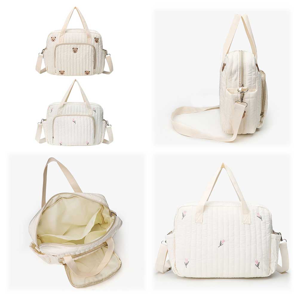 Bear/Flower Quilted Mommy Bag Multifunctional Crossbody Maternity Bag Cotton Messenger Shoulder Bag Adjustable Strap Luggage Bag