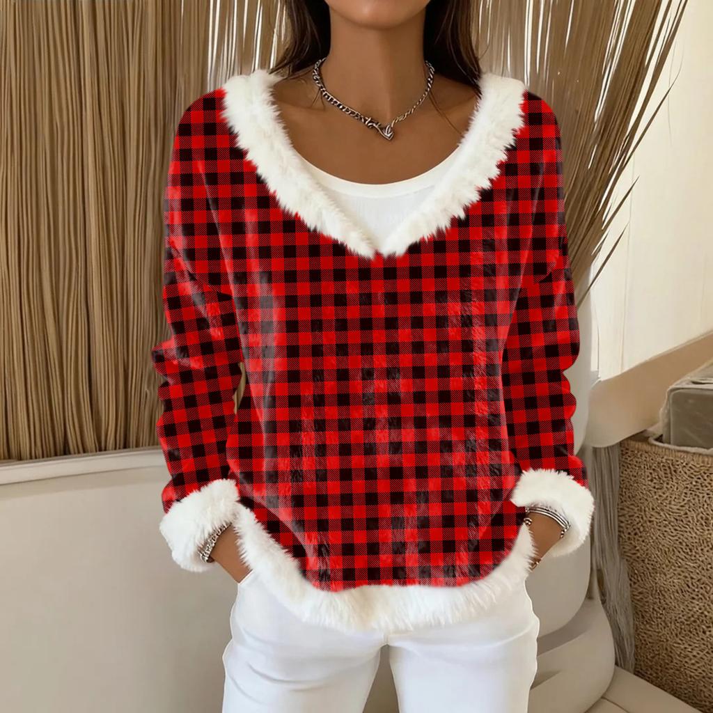 Dammode Plysch V-ringad Pullover Topp Långärmad T-shirt Tryckt Sweatshirt