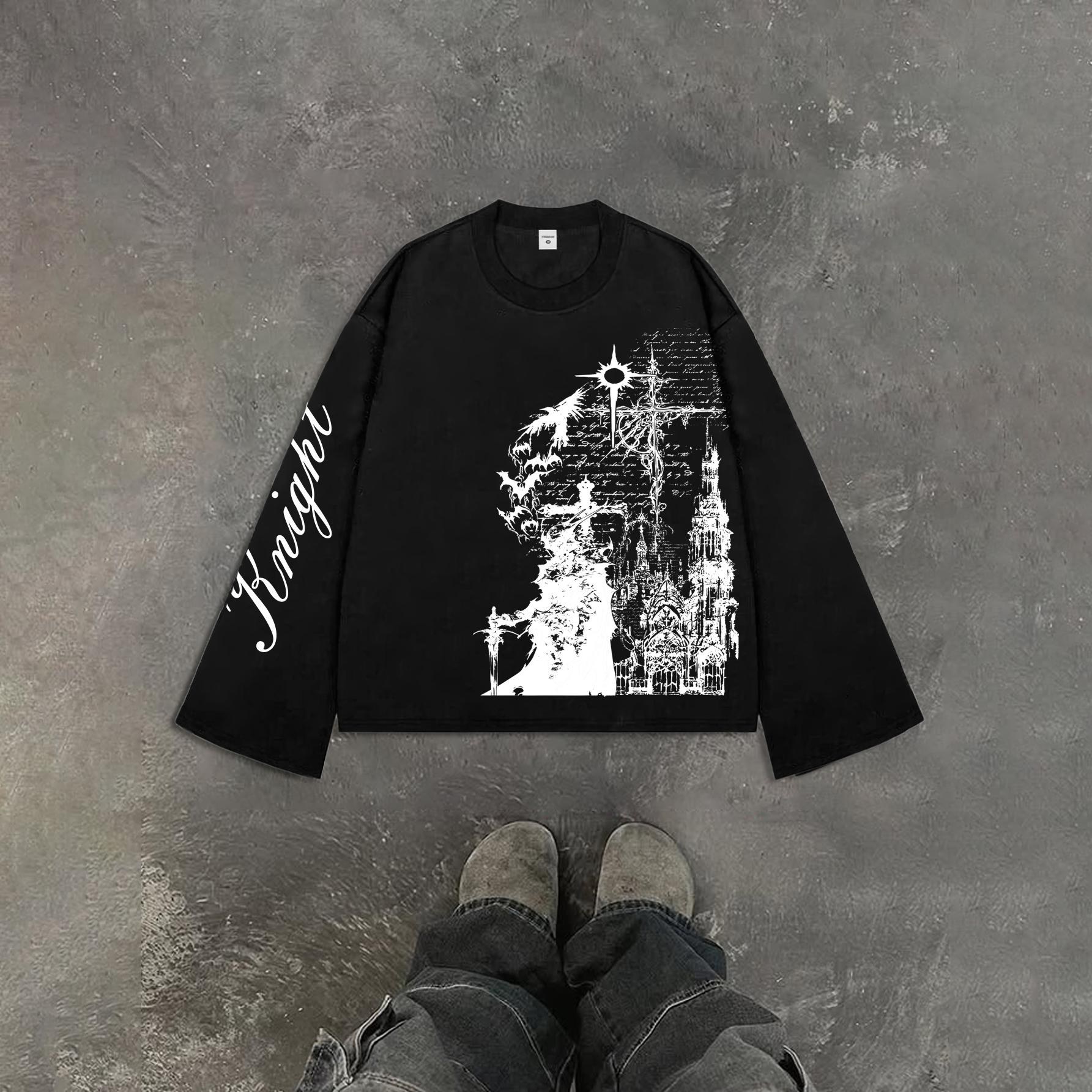 

Streetwear Brand: Short-Sleeve Long-Sleeve T-Shirt with Dark Gothic Print; Loose-Fit, Versatile Casual Top for Couples L чёрный