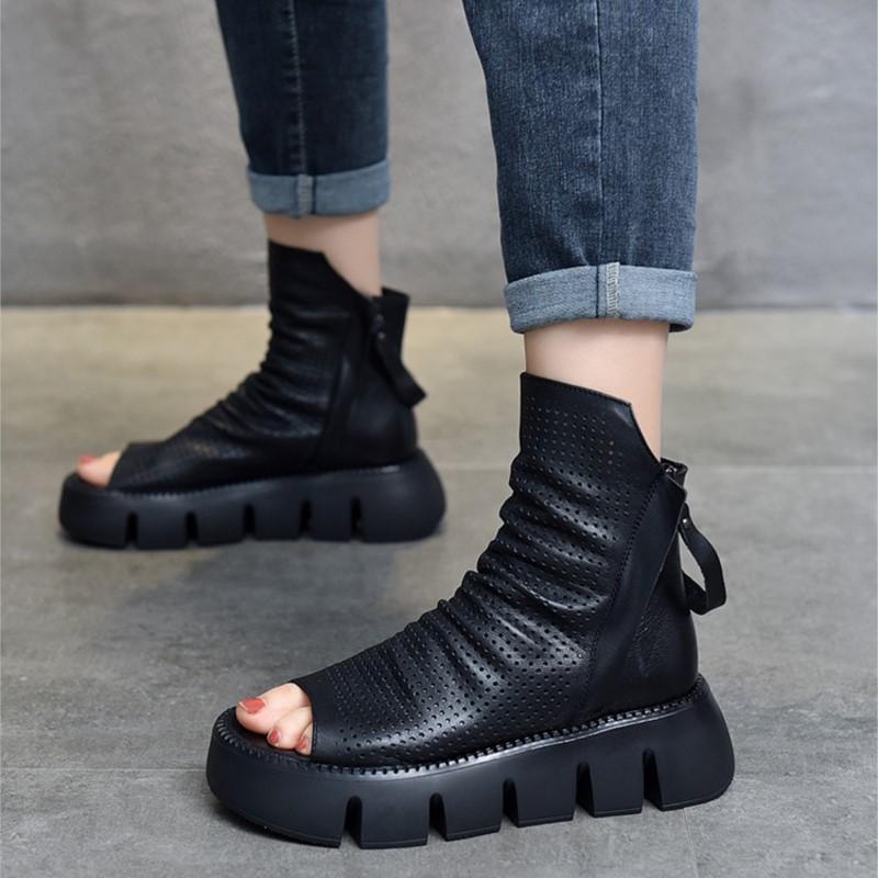 Johnature Fashion Thick Soled Platform Shoes Genuine Leather Women Peep Toe Sandals Hollow Out Boots