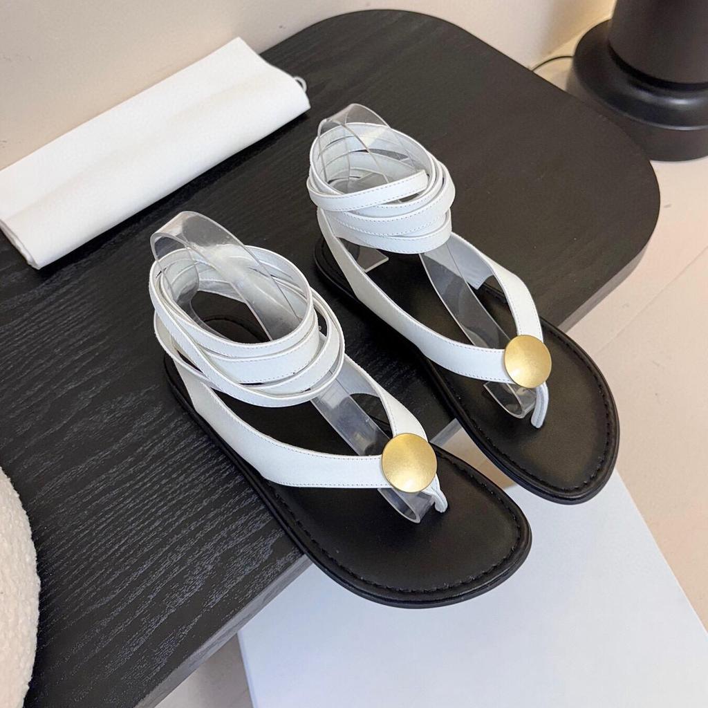 French Roman Sandals Women's New Toe Metal Foreign Trade Cross Strap Flat Soft Sole Beach Shoes Women