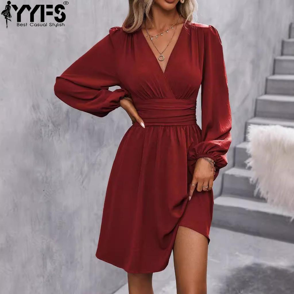 YYFS Women's Fashion Spring Fall Solid Color Print Long Sleeve V-Neck High Waist Casual Dresses