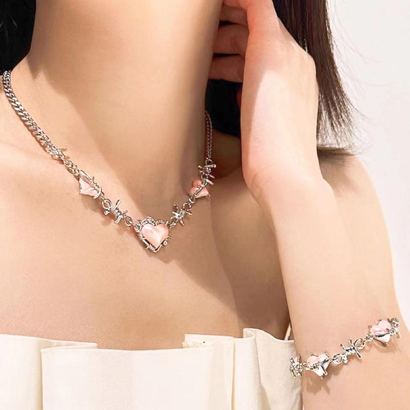 Sweet Cool Y2K Pink Thorns Love Heart Necklace 2023 Korean Thorns Chains Choker Collar For Women Lady Party Jewelry Gift