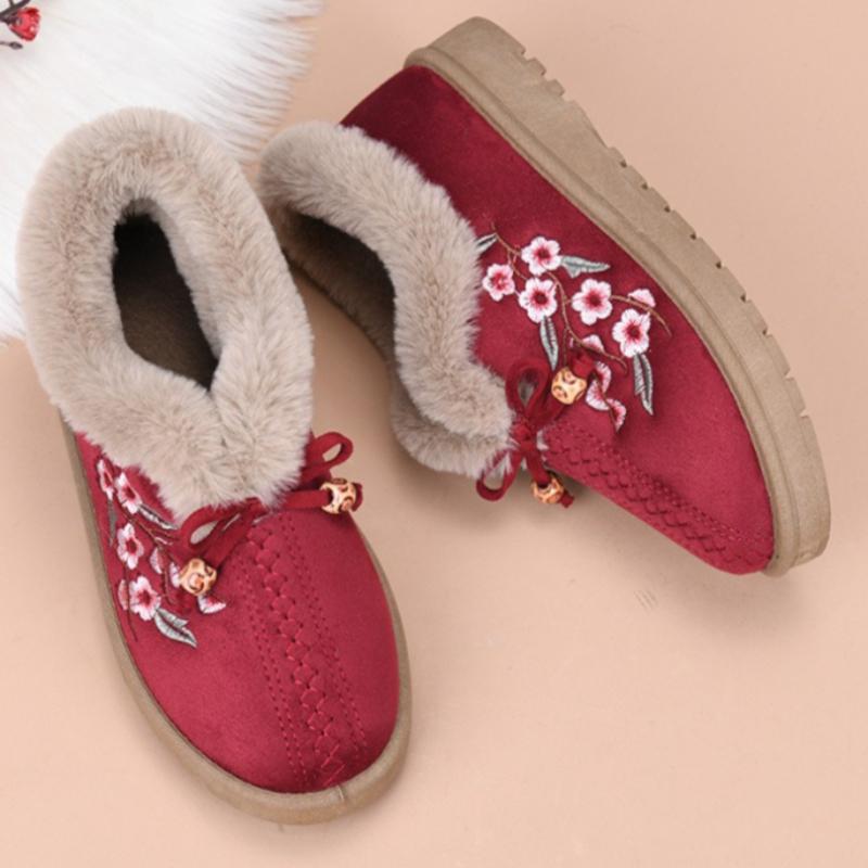 Winter Women's Thickened Warm Casual Shoes Flat Embroidered Cotton Boots