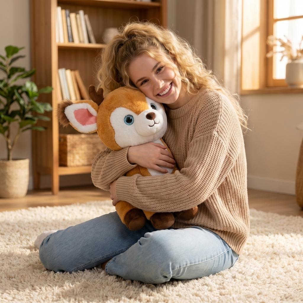 Plush Deer Stuffed Animal Soft Toy Sitting Deer Plush Doll with Antlers and Large Eyes for Kids and Collectors