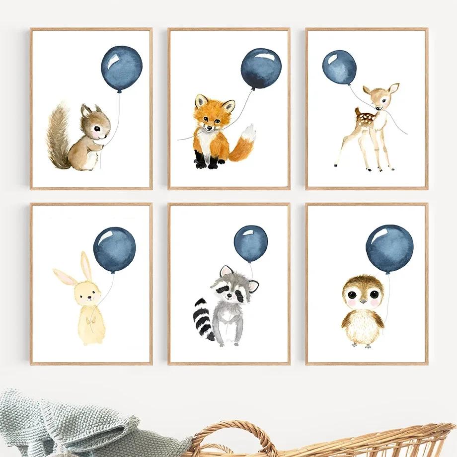 Canvas Painting Cute Raccoon Squirrel Penguin Balloon Nordic Wall Art Posters And Prints Nursery Wall Pictures Kids Room Decor