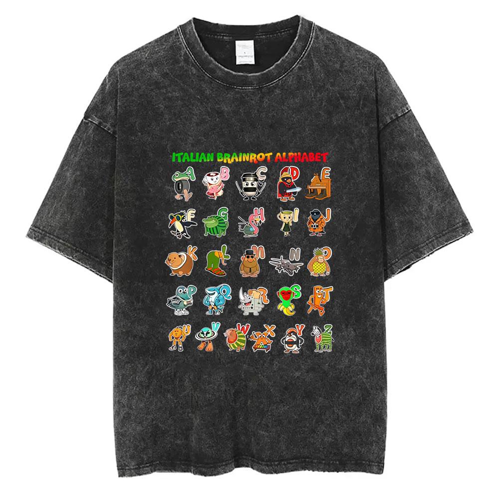 Funny Italian Brainrot Vintage Washed Tshirt Six Seven Number Tshirt Men Women Casual Oversized Streetwear Male Casual Tees