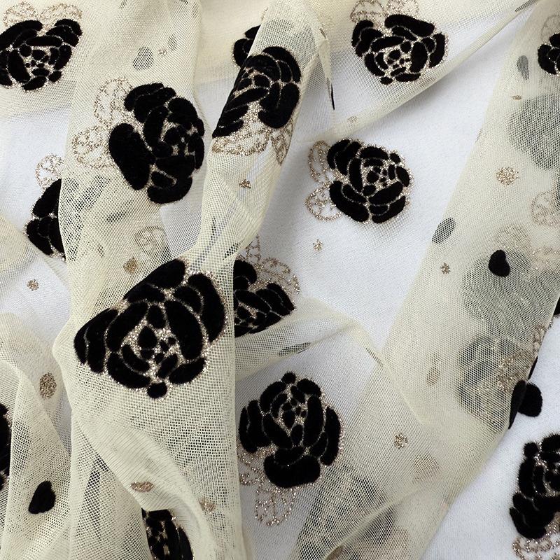 1meter Black Beige Rose Flower Velvet Embossed Gold Powder Mesh Fabric Flocking African Tulle Jacquard Fabrics for DIY Sewing