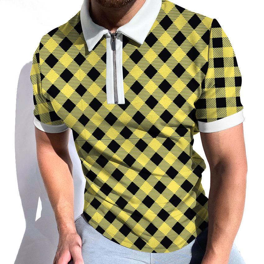 Trendy Zip-up Short Sleeve Polo, Stylish Checkered Design for Casual Wear.