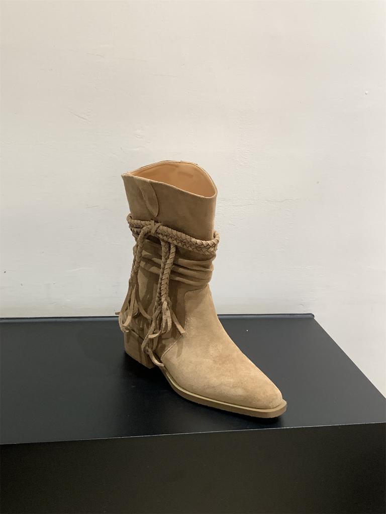 Vintage Suede Brown V-Mouth Short Boots Skinny Boots Women's Boots 2025 Spring and Autumn High Heel Pointed Mid Tube Martin Boots