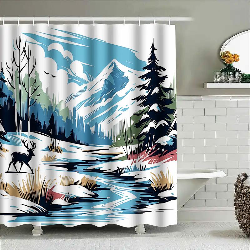 Winter Forest Mountain Shower Curtain With Deer River Snow Scene Bathroom Decor Waterproof Polyester Curtain With Hooks