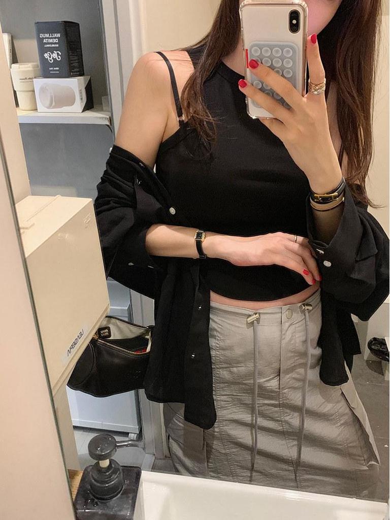 Korean Chic 2026 Spring/Autumn Casual Back Slit Double Pocket Midi Skirt for Women