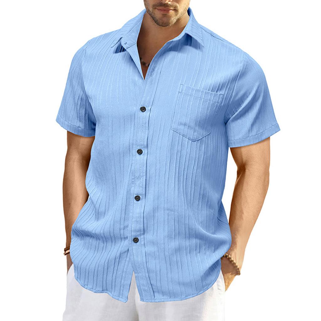 Men'S Fashion Collar Solid Color Shirt Casual Short Sleeved Top