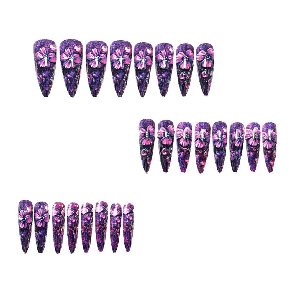 3D Embossed Long Pointed False Nails - Pure Desire Purple Series with Sweet Flower Design