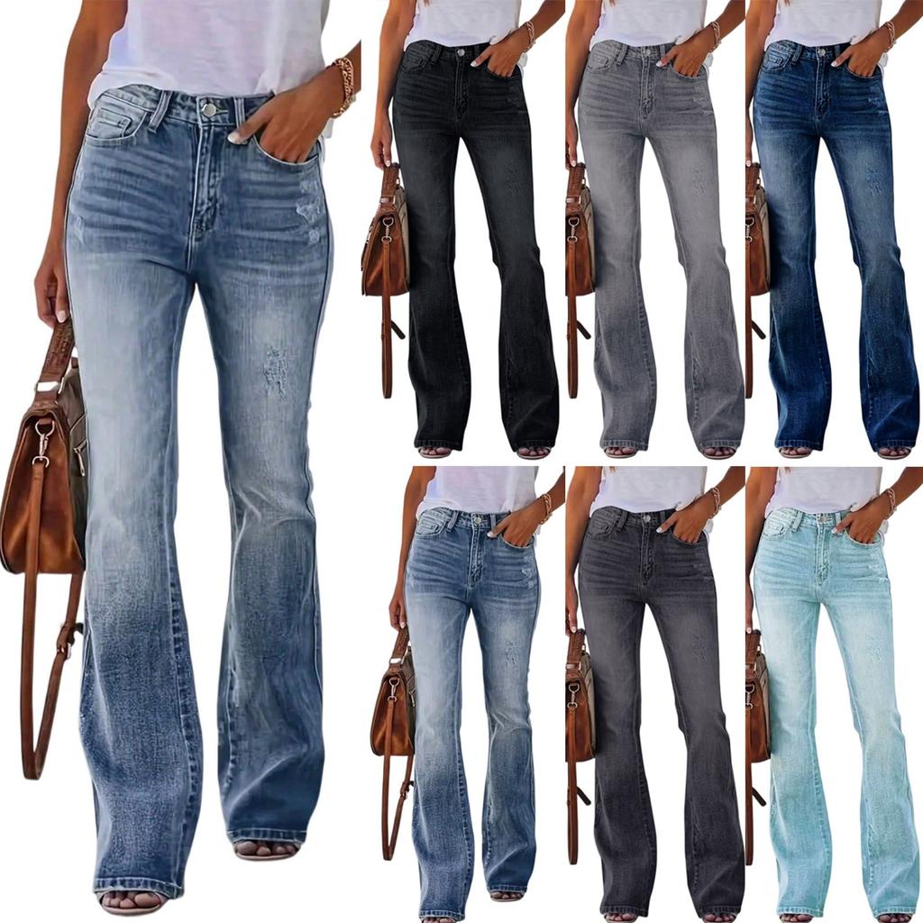 Modische Damen Slim Fit Schlagjeans Casual High Waist Blaue Jeans mit Taschen