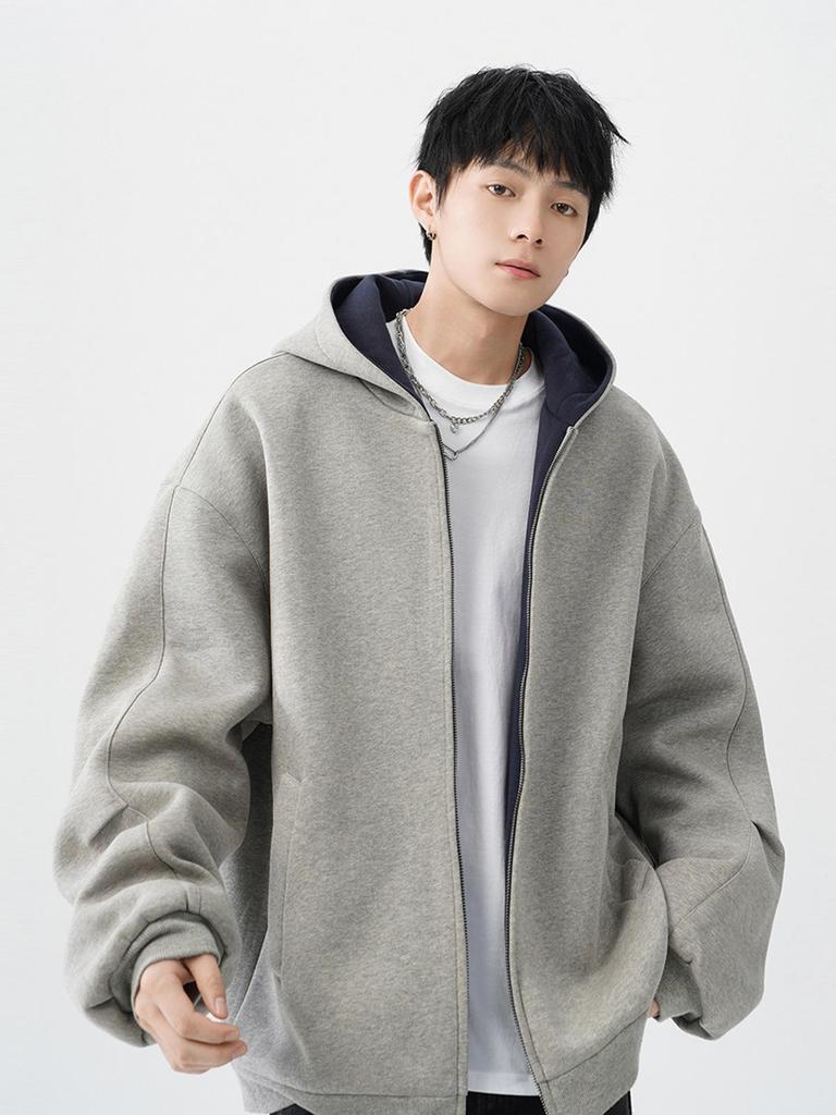 Men's Heavyweight Color Block Hoodie Jacket - Autumn/Winter Casual Thickened Double Zipper Cardigan