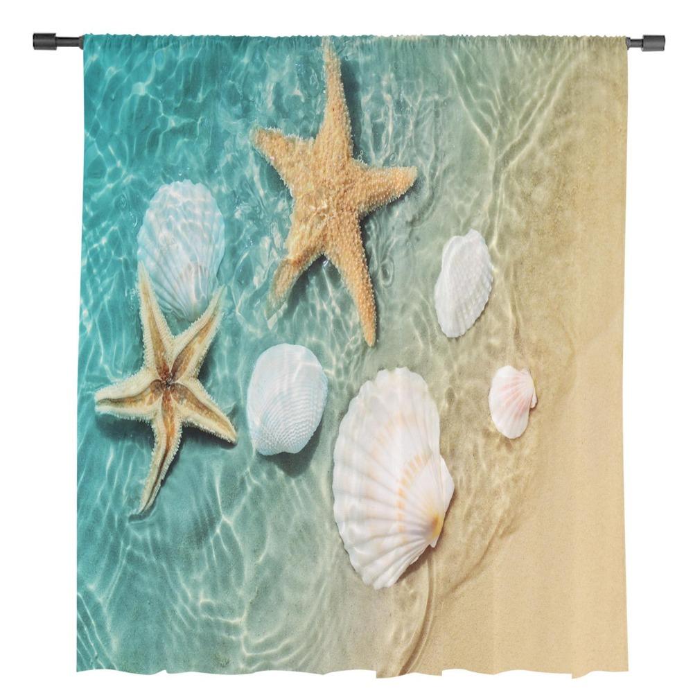 Beach Sea Starfish Shells Green Sheer Curtains for Living Room Decoration Window Curtains Kitchen Tulle Voile Organza Curtains