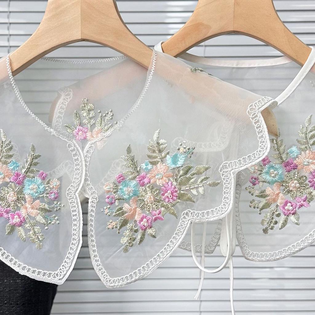 Fashionable Organza Embroidered Colorful Flower Beaded Faux Collar for Women Removable Wide Lapel Capelet Shawl Wrap