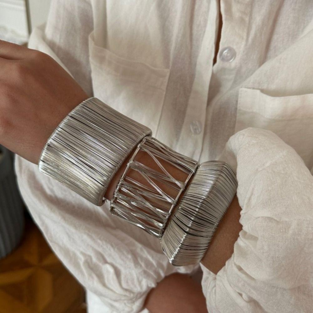 Geometry Metal Wire Drawing Bangle Hollow Out Vintage Bracelet Exaggerated Bracelet  Gift