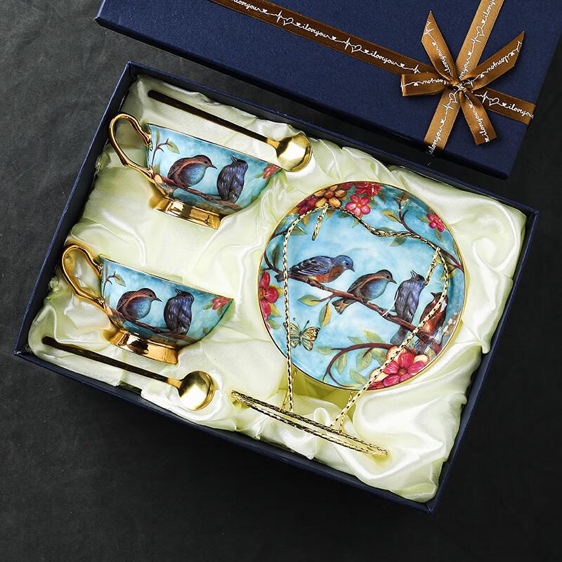 

Retro Bluebird Ceramic Coffee Cup & Saucer Set 2 Cups 2 Saucers 2 Spoons 1 Rack Gift Set