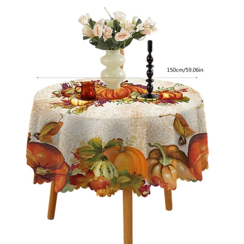 Table Cloth Autumn Leaves and Pumpkin Patterns Round Tablecloth 150cm for Thanksgiving Party Decoration