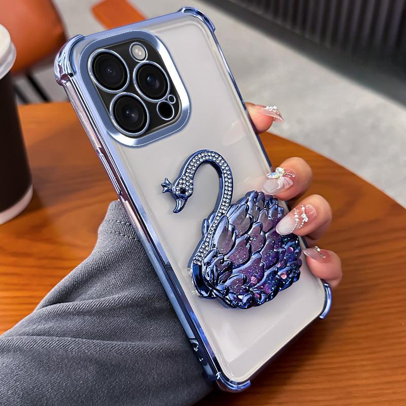 Suitable for IPhone16, Diamond-encrusted Swan Stand, Apple 15, Electroplated Four-corner Airbags, Anti-drop 14proMax