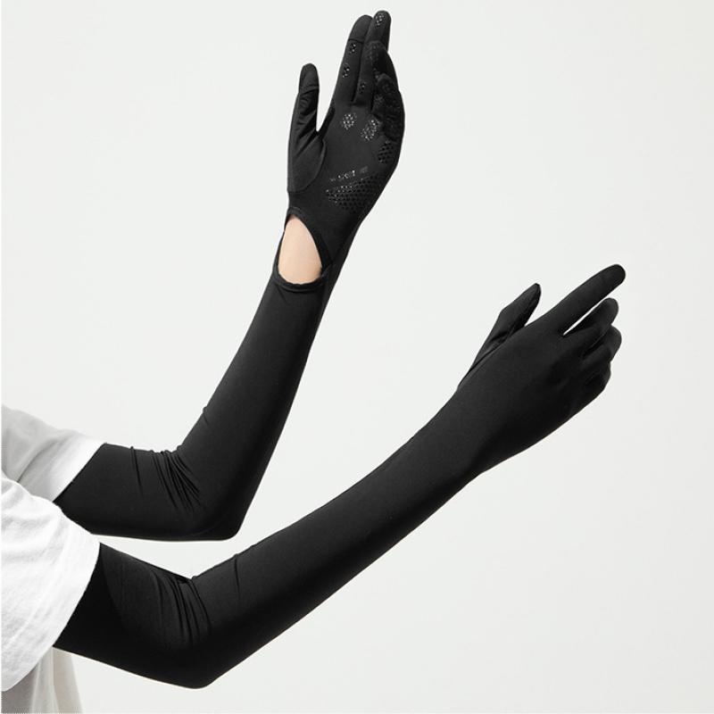 

56.5СМ Женские Летние Солнцезащитные Перчатки из Ледяного Шелка с Защитой от УФ-лучей Длинные Перчатки-Ракушки Эластичные Противоскользящие Быстросохнущие UPF 50+ Регулируемые чёрный