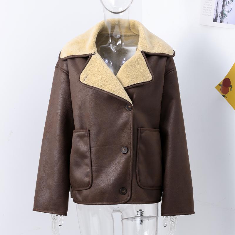 

Винтажная повседневная женская кожаная куртка двусторонняя однобортная свободные карманы пальто модная осенне-зимняя верхняя одежда L коричневый