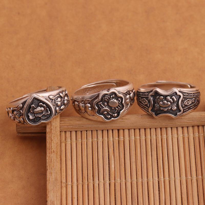 Buyee 925 Sterling Silver Flower Ring Elegant Carving Pattern Open Ring for Women Men Fashion Ethnic Fine Jewelry Circle Gift