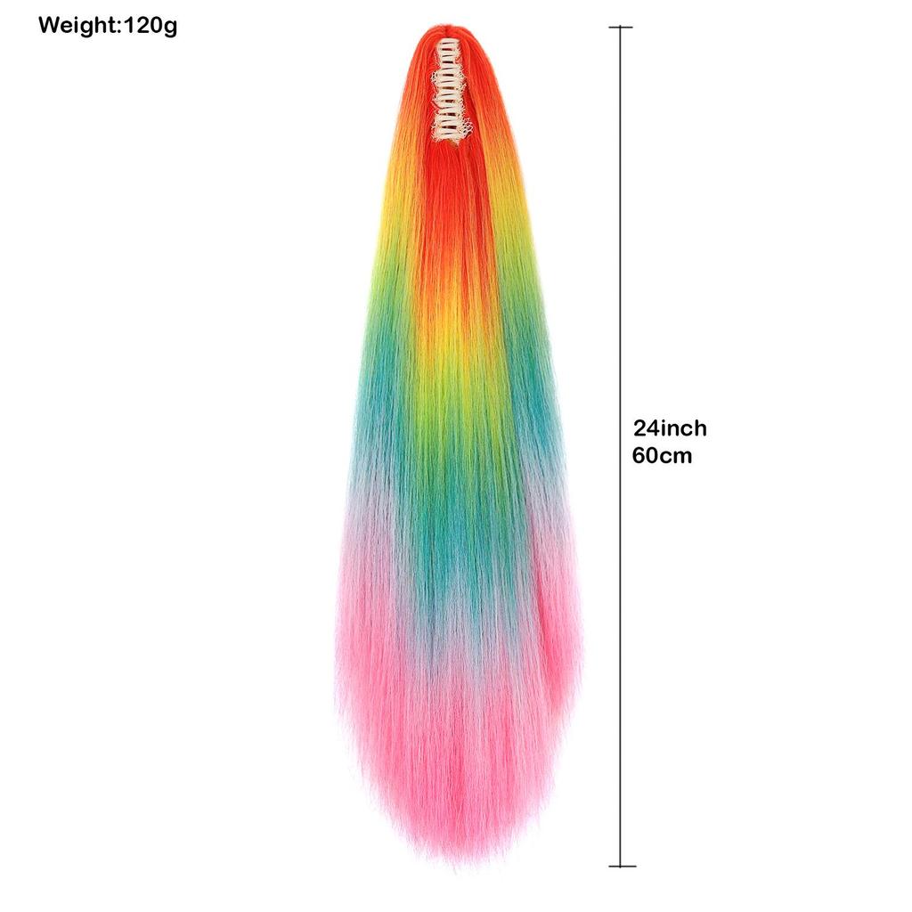 Ponytails Hair Extension Long Yaki Straight Hair Ponytail Rainbow Color Hairpiece Claw Clip on Hair Tail for Ladies