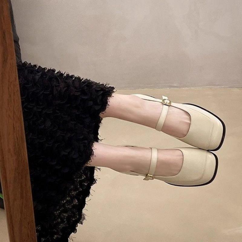 Solid color square head thick heel single shoes elegant style low heel one-word buckle foreign trade 2025 retro Mary Jane women's shoes