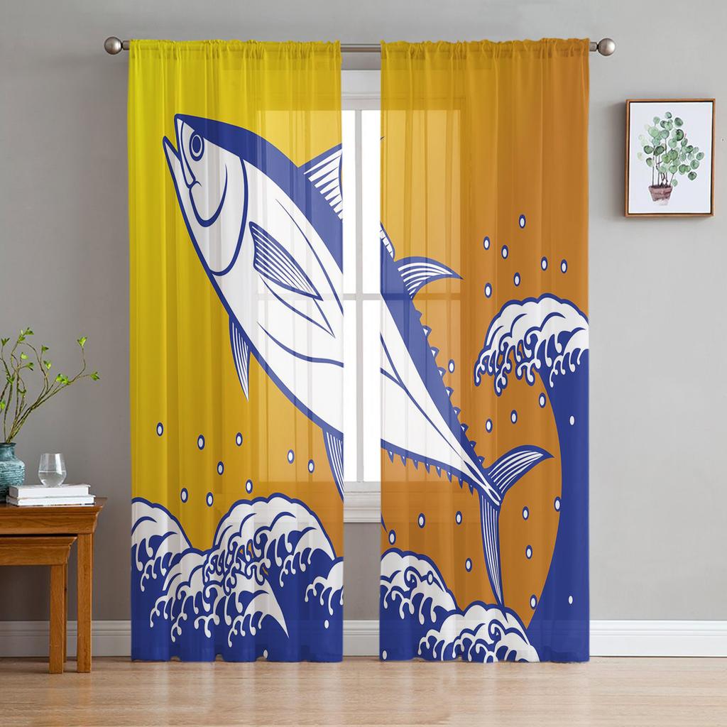 Cartoon-Fisch-Tüll-transparente Fenstervorhänge für Wohnzimmer, Küche, Kinderschlafzimmer, Voile-Hängevorhang