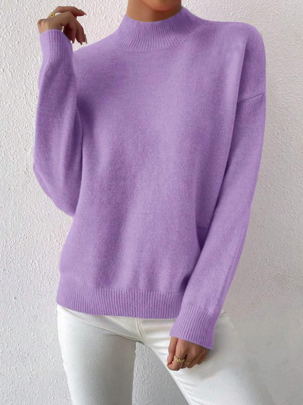 Women's Solid Color Loose Knit Sweater - Half-High Neck, Long Sleeve, Autumn/Winter Fashion.