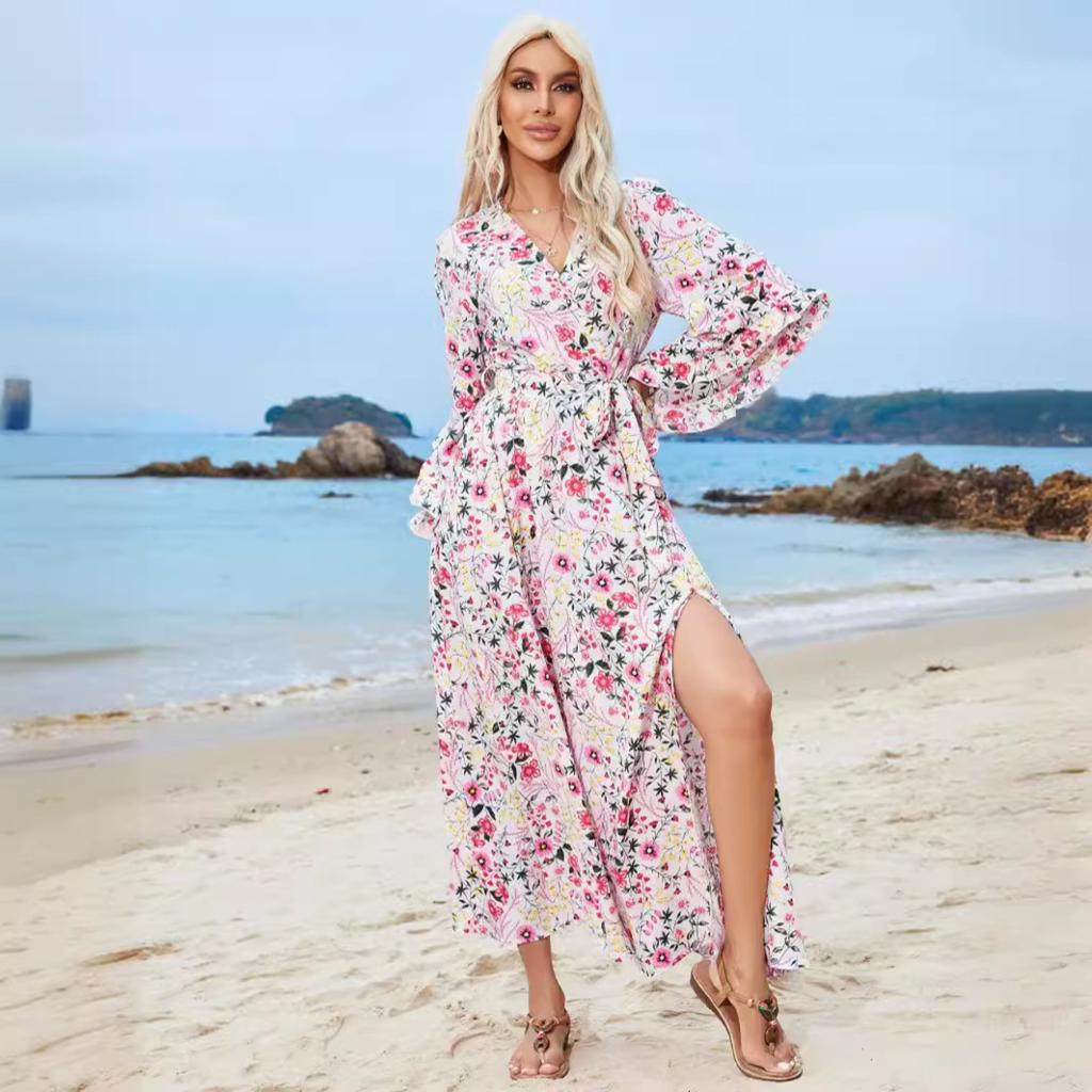 2025 Neues unregelmäßiges Halbarm-V-Ausschnitt-Bindeband-Schlitz-Rückenfreies Rüschenkleid für Damen