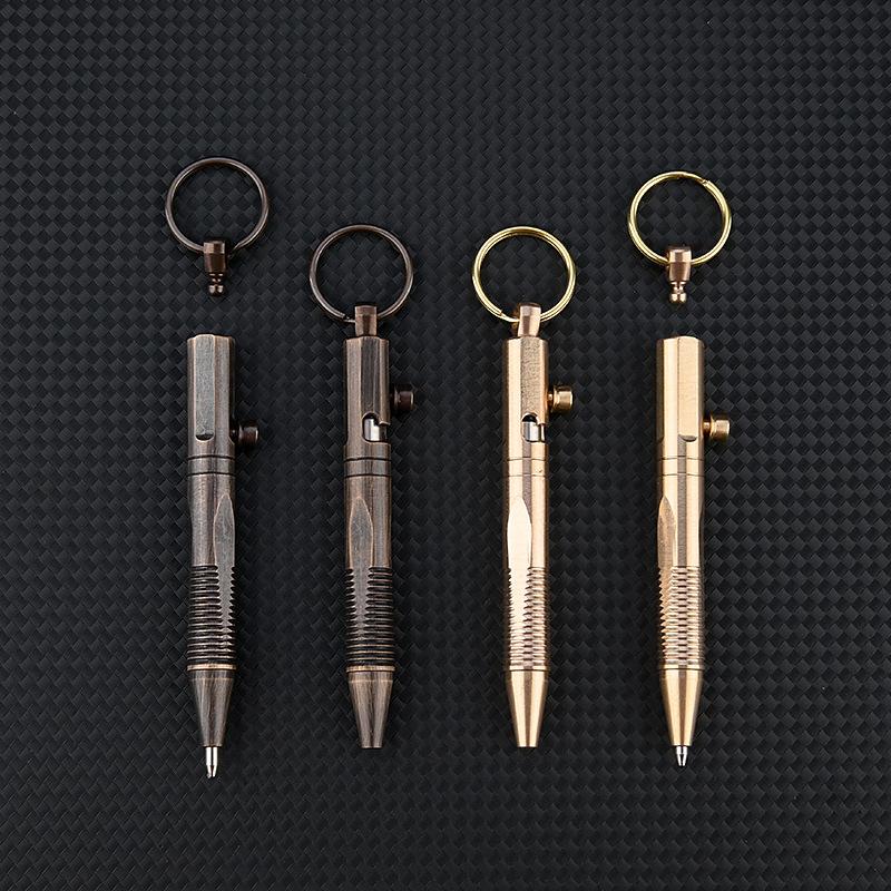 Mini Brass Pen Outdoors Portable Writing Tools Cylindrical Bolt Ballpoint Pen Key Pendant Business Signature Stationery Pen EDC