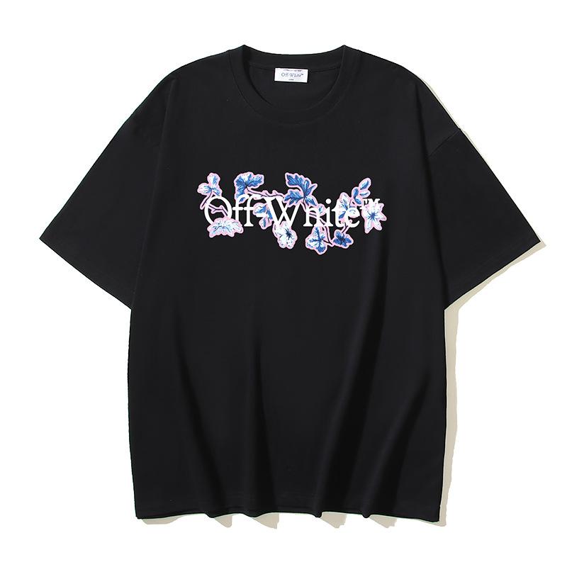 

Off-White 2025 Summer New Flower Letter LOGO Pattern Printed Short Sleeved T-shirt for Men and Women XL чорний
