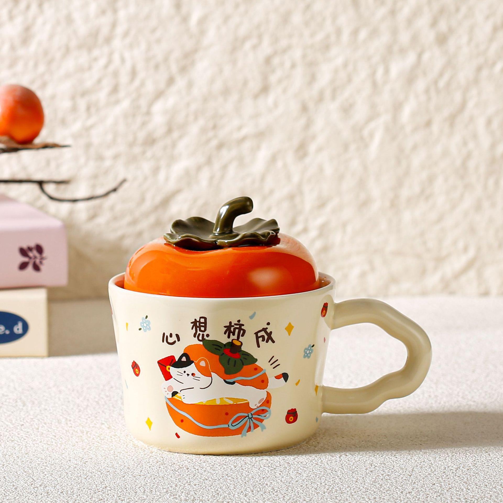 Cute Cat Persimmon Ruyi Ceramic Mug with Lid - Ideal New Year Gift Cup 301-400ml