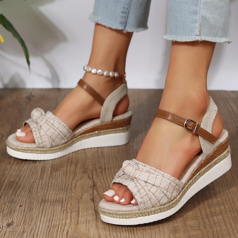 Summer new large-size hemp rope woven one-word buckle with flat-soled sandals women's slope heel thick-soled large-size women's sandals